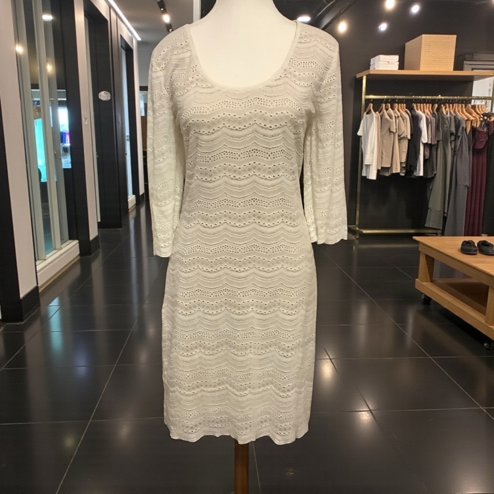 Le Chateau XXL White Dress Scalloped Eyelet Lace 3/4 Sleeve Elegant Tie Back